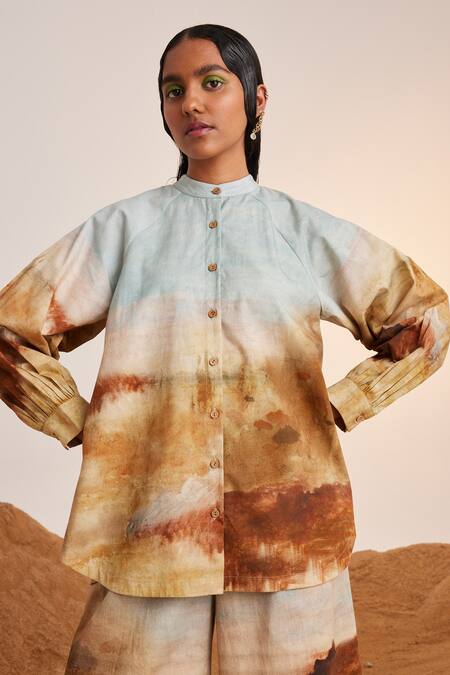 Cord_Blue Cotton Mandarin Collar Blotch Print Shirt_Online_at_Aza_Fashions