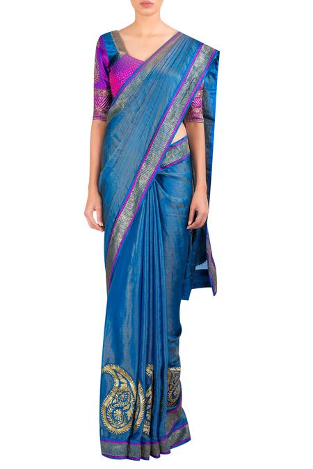 Buy_LATHA PUTTANNA_Blue Banarasi Silk Square Neck Applique Work Saree With Blouse_Online_at_Aza_Fashions