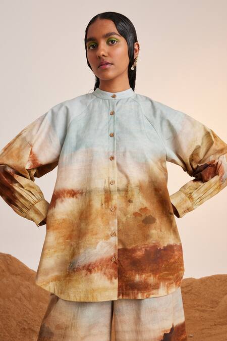 Cord_Blue , Satin Mandarin Collar Blotch Print Shirt And Pant Set_Online_at_Aza_Fashions