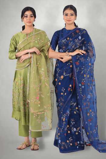 Buy_I Am Design_Green Cotton , Silk Organza, Linen Aari Embroidered Kurta Pant Set _Online_at_Aza_Fashions