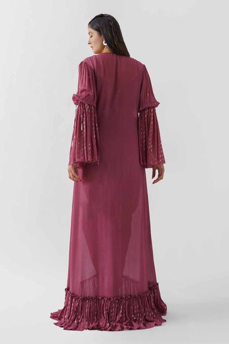 Shop Suruchi Parakh Purple Georgette Crepe, Lining Shantoon Sequins Dress V Draped And Jacket Set at Aza Fashions Shop_Suruchi Parakh_Purple Georgette Crepe, Lining Shantoon Sequins Dress V Draped And Jacket Set_at_Aza_Fashions