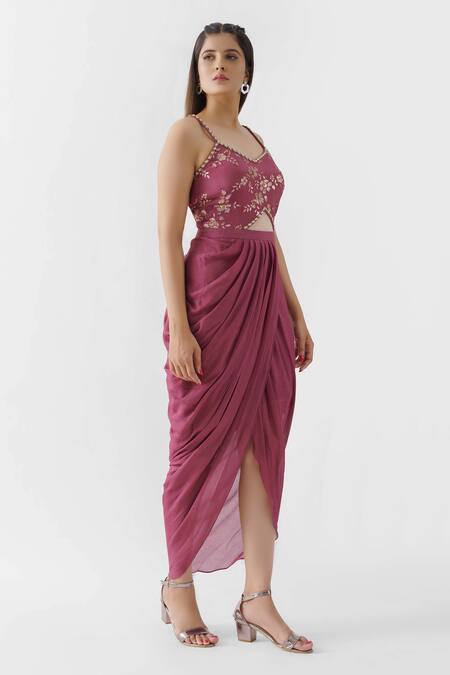 Suruchi Parakh Purple Georgette Crepe, Lining Shantoon Sequins Dress V Draped And Jacket Set Online at Aza Fashions Suruchi Parakh_Purple Georgette Crepe, Lining Shantoon Sequins Dress V Draped And Jacket Set_Online_at_Aza_Fashions