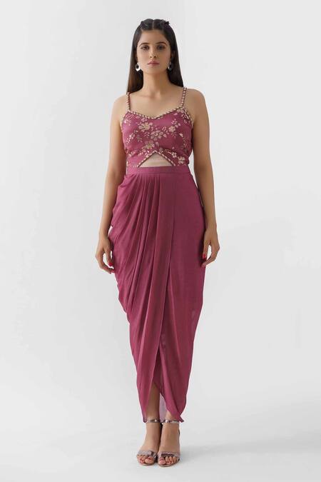 Buy Suruchi Parakh Purple Georgette Crepe, Lining Shantoon Sequins Dress V Draped And Jacket Set Online at Aza Fashions Buy_Suruchi Parakh_Purple Georgette Crepe, Lining Shantoon Sequins Dress V Draped And Jacket Set_Online_at_Aza_Fashions