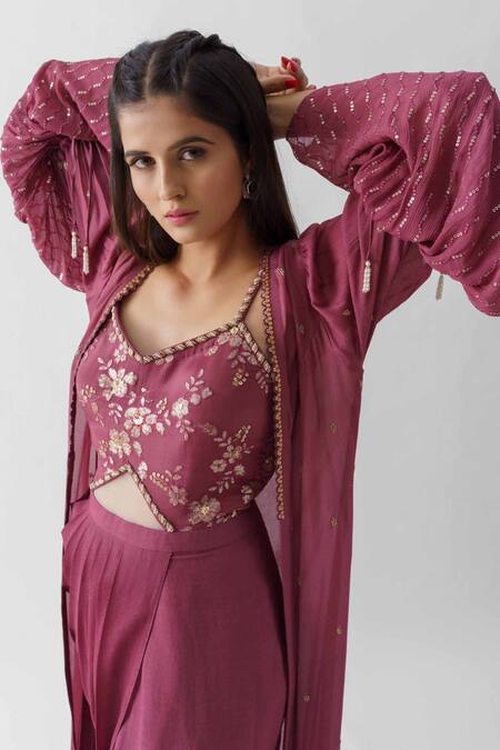 Suruchi Parakh Purple Georgette Crepe, Lining Shantoon Sequins Dress V Draped And Jacket Set at Aza Fashions Suruchi Parakh_Purple Georgette Crepe, Lining Shantoon Sequins Dress V Draped And Jacket Set_at_Aza_Fashions