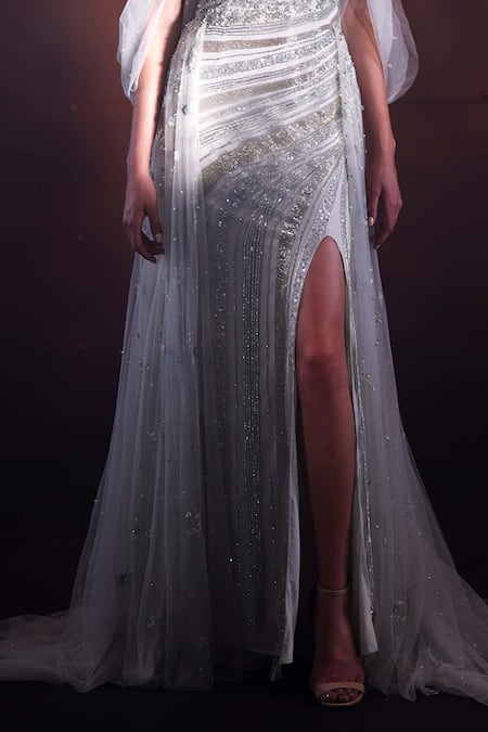 Buy_Bhawna Rao_Green Silk, Tulle Sequins, Beads, Smocking Sweetheart Neck Hand Embroidered Gown _Online_at_Aza_Fashions