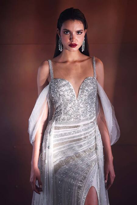 Shop_Bhawna Rao_Green Silk, Tulle Sequins, Beads, Smocking Sweetheart Neck Hand Embroidered Gown _Online_at_Aza_Fashions