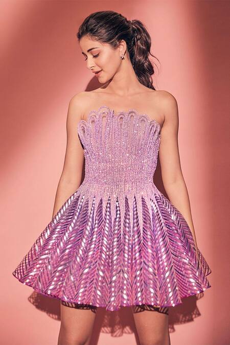 Amit Aggarwal Purple Hand Embroidered Skater Dress