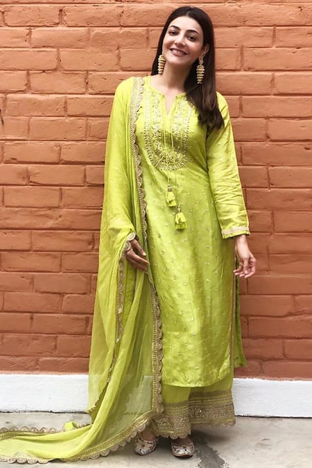 Gopi Vaid Green Tussar Silk Round Embroidered Kurta Set  