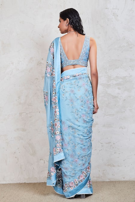 Shop_Sue Mue_Blue Georgette Resham, Dabka, Sequins And French Embroidered Saree With Blouse _at_Aza_Fashions