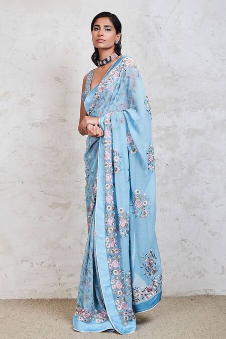 Sue Mue_Blue Georgette Resham, Dabka, Sequins And French Embroidered Saree With Blouse _Online_at_Aza_Fashions