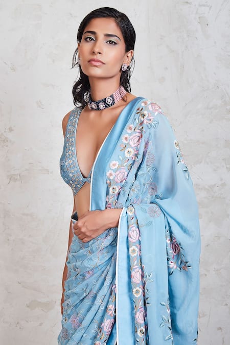 Buy_Sue Mue_Blue Georgette Resham, Dabka, Sequins And French Embroidered Saree With Blouse _Online_at_Aza_Fashions