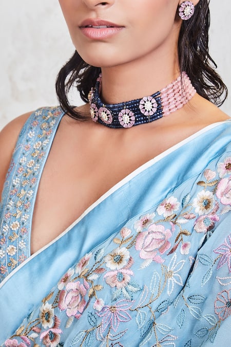 Sue Mue_Blue Georgette Resham, Dabka, Sequins And French Embroidered Saree With Blouse _at_Aza_Fashions