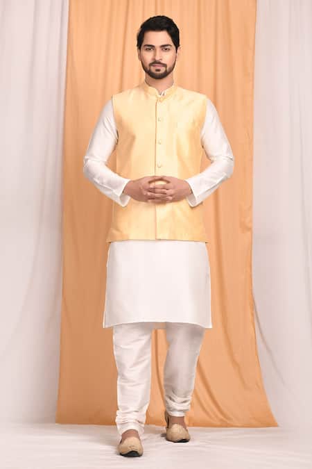 Aryavir Malhotra Gold Dupion Silk Plain Bundi And Full Sleeve Kurta Set