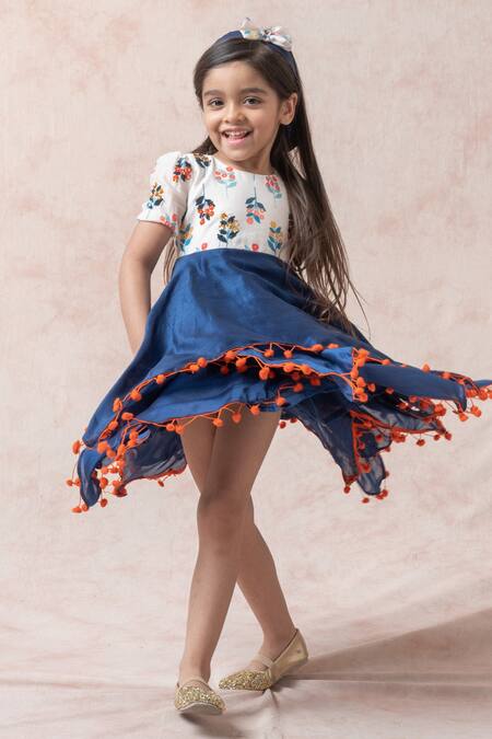 Buy_Thetaa_Blue Chanderi Silk, Polyester, Voile Embroidery, Floral Print Layered Hem Dress _Online_at_Aza_Fashions