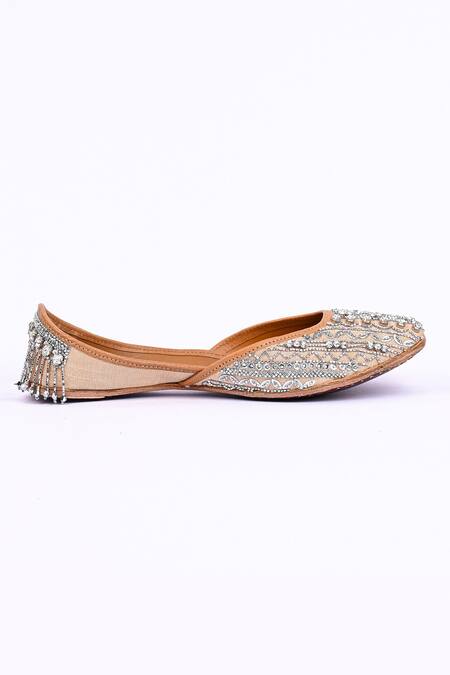 Buy_Jutti Express_Gold Embroidered Crystaline Tassels Juttis _Online_at_Aza_Fashions