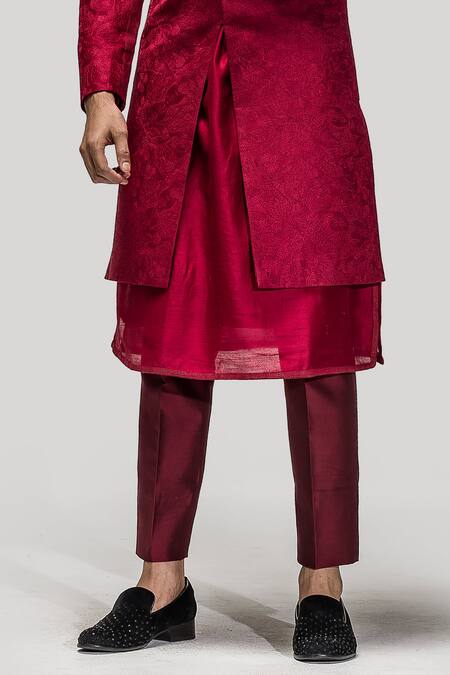 Buy_Asuka_Red Chanderi Silk Sequins, Cut Work, Embroidery Sherwani Set _Online_at_Aza_Fashions