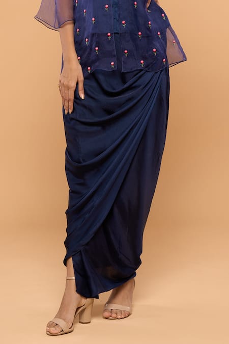 Buy_Mayu Kothari_Blue Organza, Modal, Silk, Satin Cut Rose Embroidered Shirt And Wrap Skirt Set_Online_at_Aza_Fashions