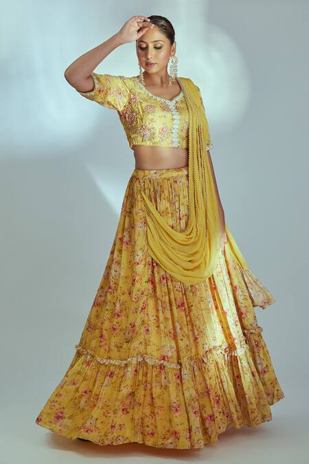 Suruchi Parakh_Yellow Georgette, Lining Shantoon Floral Tiered Draped Lehenga And Bouse Set _Online_at_Aza_Fashions