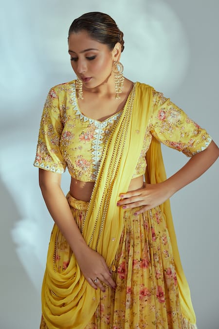 Buy_Suruchi Parakh_Yellow Georgette, Lining Shantoon Floral Tiered Draped Lehenga And Bouse Set _Online_at_Aza_Fashions