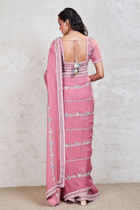 Shop_Sue Mue_Pink Georgette Resham, Sequin And Pearl Square Neck Embroidered Saree With Blouse _at_Aza_Fashions