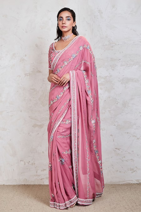 Sue Mue_Pink Georgette Resham, Sequin And Pearl Square Neck Embroidered Saree With Blouse _Online_at_Aza_Fashions