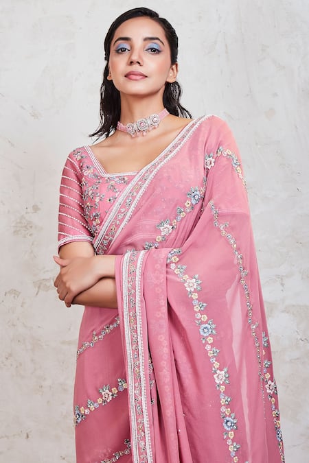Buy_Sue Mue_Pink Georgette Resham, Sequin And Pearl Square Neck Embroidered Saree With Blouse _Online_at_Aza_Fashions