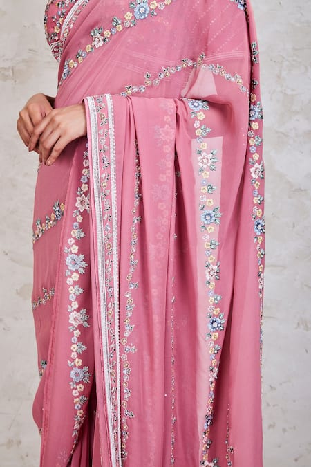 Sue Mue_Pink Georgette Resham, Sequin And Pearl Square Neck Embroidered Saree With Blouse _at_Aza_Fashions