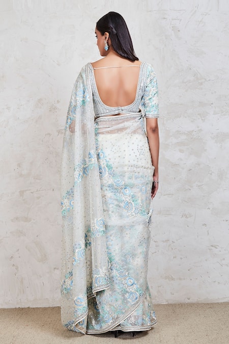 Shop_Sue Mue_White Organza Resham And Sequin V Neck Embroidered Saree With Blouse _at_Aza_Fashions