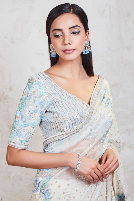 Sue Mue_White Organza Resham And Sequin V Neck Embroidered Saree With Blouse _Online_at_Aza_Fashions