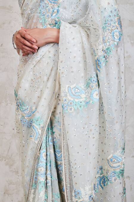 Sue Mue_White Organza Resham And Sequin V Neck Embroidered Saree With Blouse _at_Aza_Fashions