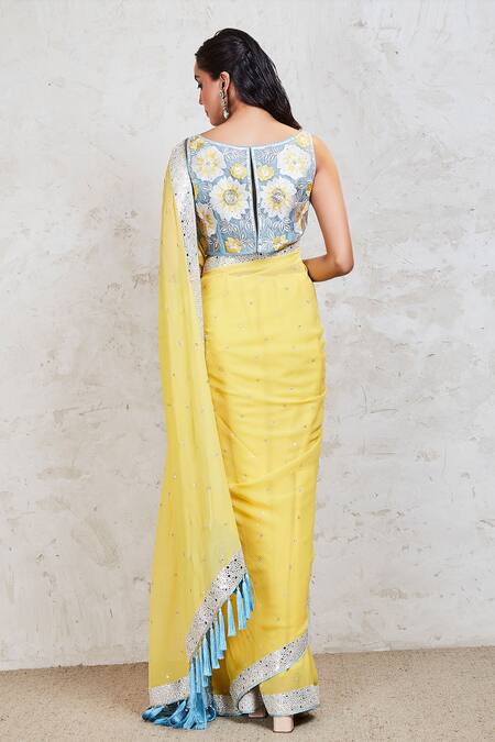 Shop_Sue Mue_Yellow Georgette Resham And Mirror Boat Embroidered Saree With Blouse _at_Aza_Fashions