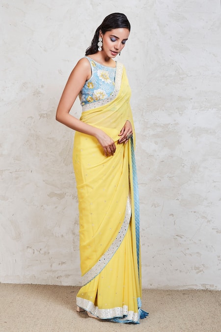 Sue Mue_Yellow Georgette Resham And Mirror Boat Embroidered Saree With Blouse _Online_at_Aza_Fashions