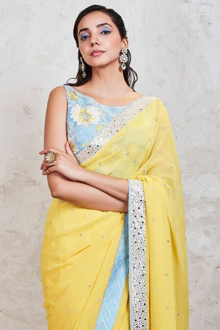 Buy_Sue Mue_Yellow Georgette Resham And Mirror Boat Embroidered Saree With Blouse _Online_at_Aza_Fashions