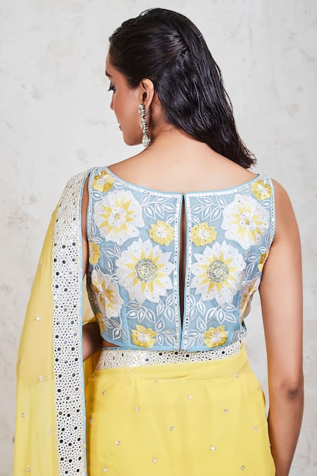 Shop_Sue Mue_Yellow Georgette Resham And Mirror Boat Embroidered Saree With Blouse _Online_at_Aza_Fashions