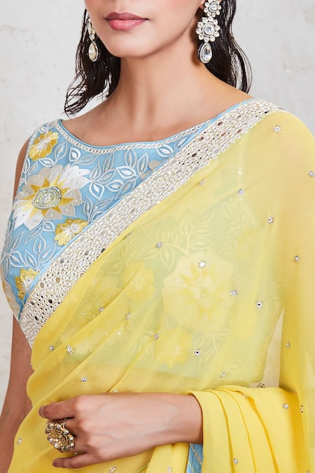 Sue Mue_Yellow Georgette Resham And Mirror Boat Embroidered Saree With Blouse _at_Aza_Fashions