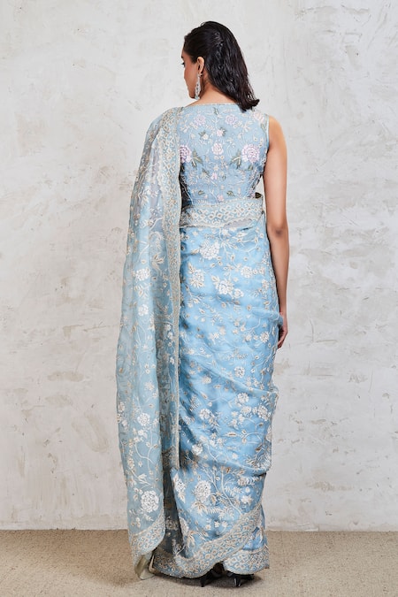 Shop_Sue Mue_Blue Organza Resham And Sequin V Neck Embroidered Saree With Blouse _at_Aza_Fashions
