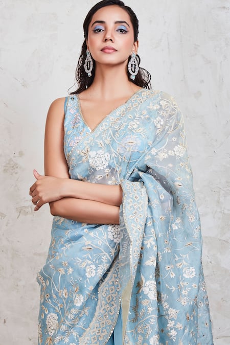Buy_Sue Mue_Blue Organza Resham And Sequin V Neck Embroidered Saree With Blouse _Online_at_Aza_Fashions