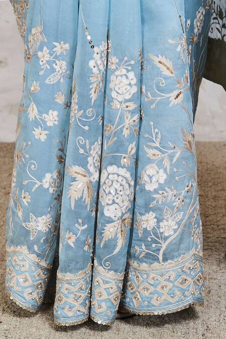 Shop_Sue Mue_Blue Organza Resham And Sequin V Neck Embroidered Saree With Blouse _Online_at_Aza_Fashions