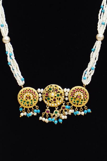 Devanshi Renu Jewels_Gold Plated Stone Embroidered Necklace Set_Online_at_Aza_Fashions