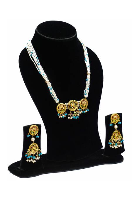 Buy_Devanshi Renu Jewels_Gold Plated Stone Embroidered Necklace Set_Online_at_Aza_Fashions