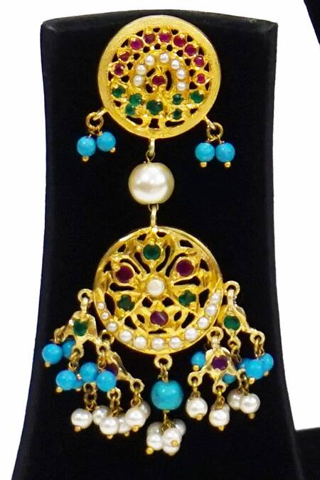 Shop_Devanshi Renu Jewels_Gold Plated Stone Embroidered Necklace Set_Online_at_Aza_Fashions