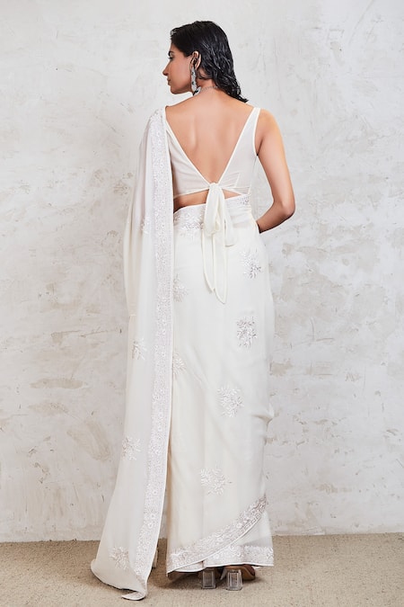 Shop_Sue Mue_White Georgette Swarovski And Resham Boat Embroidered Saree With Blouse _at_Aza_Fashions