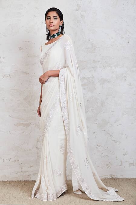 Sue Mue_White Georgette Swarovski And Resham Boat Embroidered Saree With Blouse _Online_at_Aza_Fashions