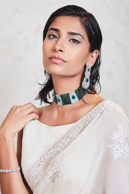 Buy_Sue Mue_White Georgette Swarovski And Resham Boat Embroidered Saree With Blouse _Online_at_Aza_Fashions