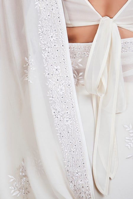 Shop_Sue Mue_White Georgette Swarovski And Resham Boat Embroidered Saree With Blouse _Online_at_Aza_Fashions
