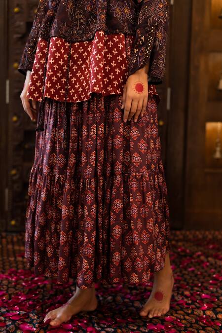 Vana Ethnics_Wine Satin, Viscose Mirror, Ajrakh Round Print Top And Skirt Set _Online_at_Aza_Fashions