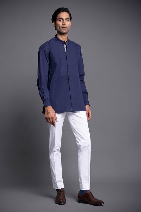 Raghavendra Rathore Jodhpur_Blue Cotton Thread Shirt_Online_at_Aza_Fashions