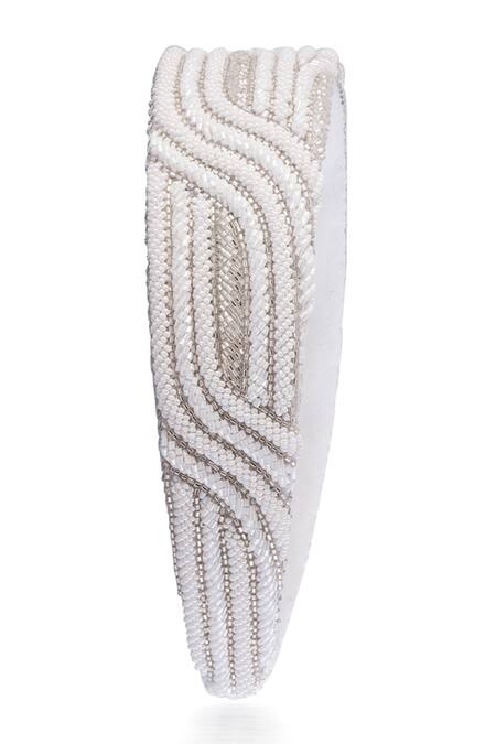 Buy_Hair Drama CO_White Cutdana And Beads Geometric Embellished Headband _Online_at_Aza_Fashions