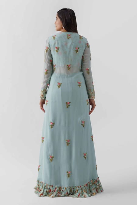 Shop_Suruchi Parakh_Blue Georgette, Lining Shantoon Mirror Work, Embroidered Pant Set And Jacket _at_Aza_Fashions