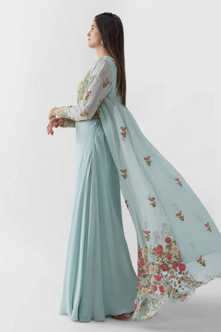 Buy_Suruchi Parakh_Blue Georgette, Lining Shantoon Mirror Work, Embroidered Pant Set And Jacket _Online_at_Aza_Fashions